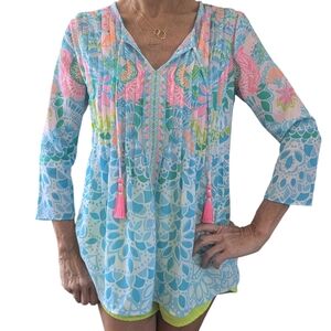 Lilly Pulitzer Tassel Tunic Top Blue Pink Boho Resort XXS